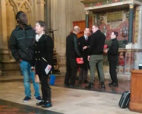 Three members of the 'New British Union' are asked to leave Bristol Cathedral after going there to take shelter from antifascists. (Thanks to Bristol Anarchist Federation for the photo) 