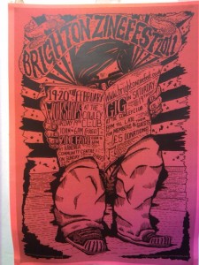 Brighton Zine Festival hand drawn poster in flourescent orange and black.