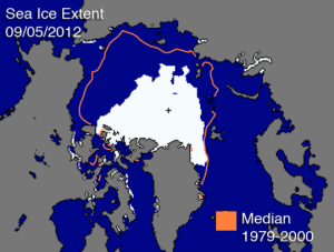 Ağustos 2012'de Kuzey Kutbu'nda buzla kaplı alan 4.72 milyon kilometrekareydi. İşaretli alan aynı ay için 1979-2000 yılları arasındaki orta değeri gösteriyor. Coğrafi Kuzey Kutbu siyah çarpı işaretiyle gösteriliyor. (Referans: Ulusal Kar ve Buz Verileri Merkezi)