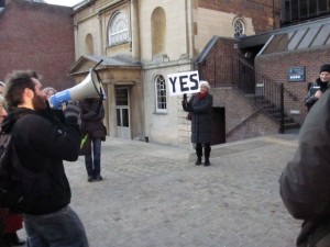 Democracy Outside yes placard megaphone