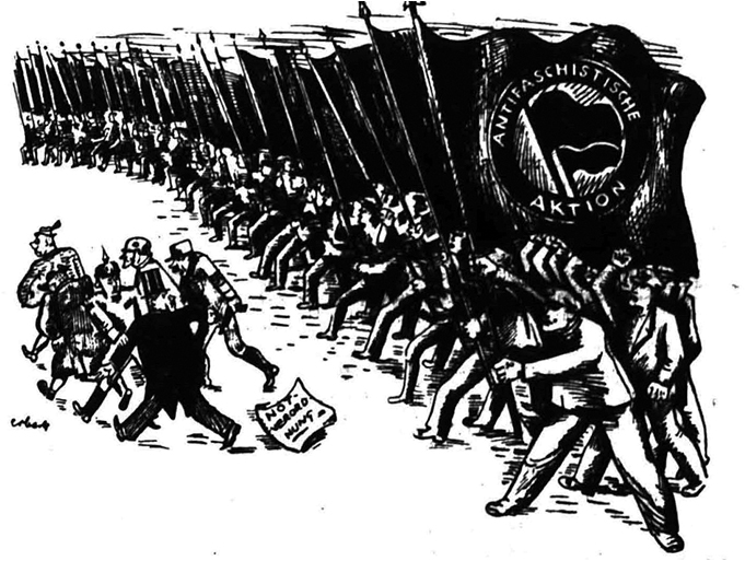 A Black and white cartoon shows a crowd all holding flags reading Antifaschistiche Aktion chasing away a group of 6 fascists and aristocrats